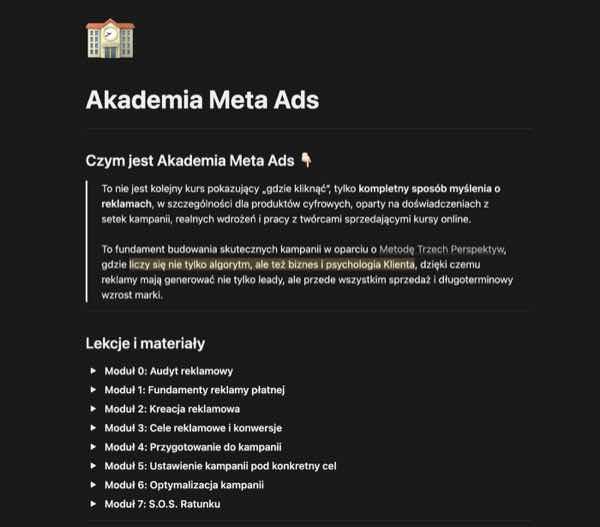 Widok programu Akademii Meta Ads z listą ośmiu modułów
