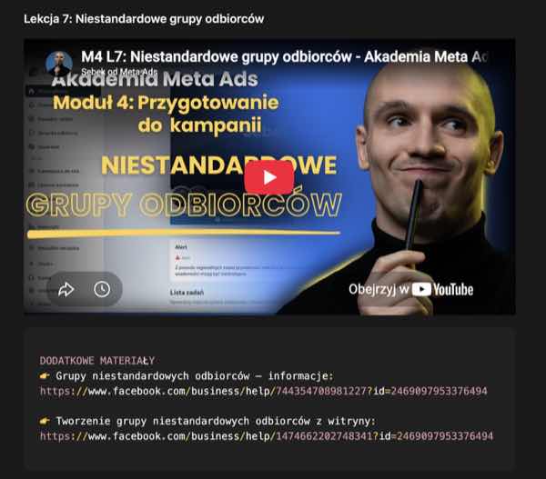 Lekcja Akademii z dodatkowymi linkami do oficjalnej bazy wiedzy Meta