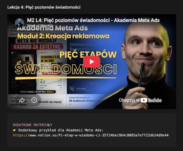 Lekcja Akademii z dodatkowym przykładem przygotowanym w Notion